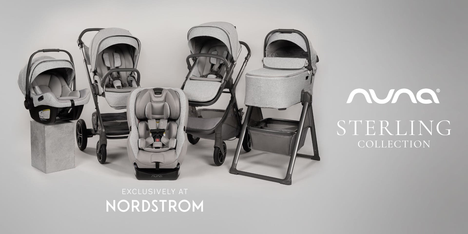 Group image of gray metallic Nuna strollers and car seats in the Sterling Collection exclusively available at Nordstrom