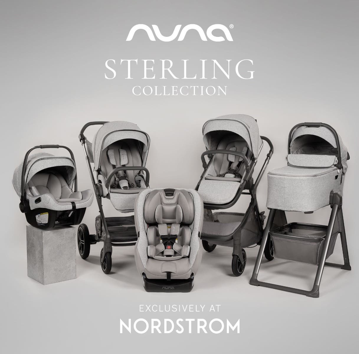 Group image of gray metallic Nuna strollers and car seats in the Sterling Collection exclusively available at Nordstrom