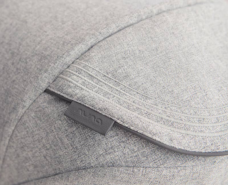 Close up of Nuna PIPA car seat embroidery and textures of sterling