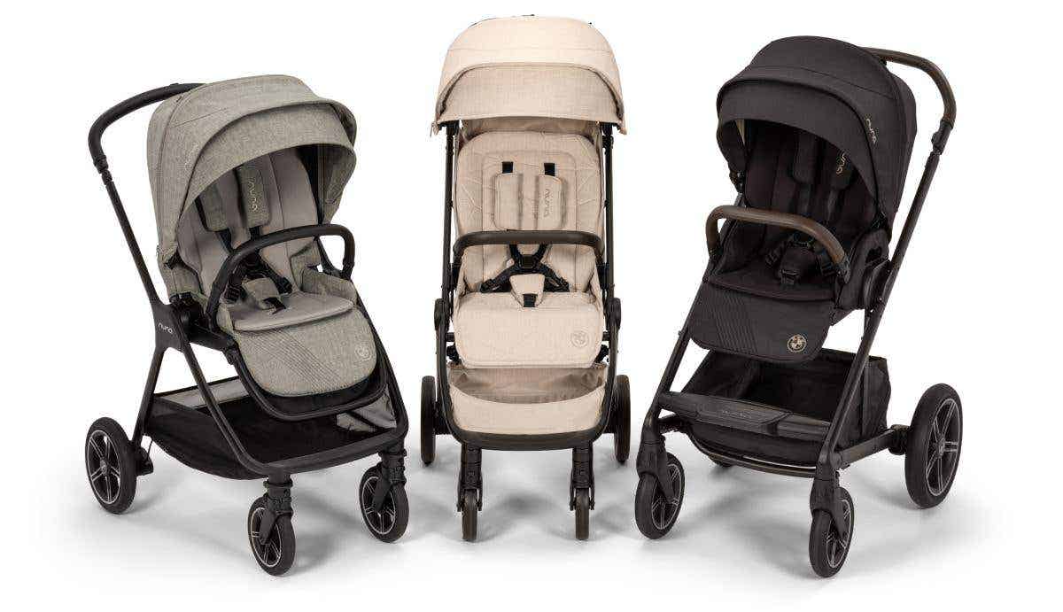 Shot of TRIV next, TRVL lx, MIXX next: the three strollers in the Nuna x BMW collection